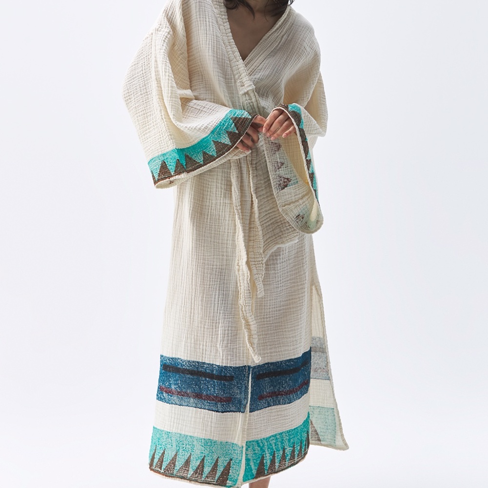 Simpuna Crinkle Blue Block Print Kimono